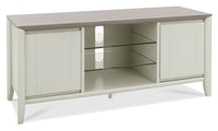 Light grey TV stand with open shelves on a white background