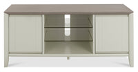 Modern TV stand with glass shelf and storage doors on a white background
