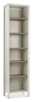 Tall white bookshelf with six shelves against a white background