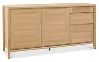 Wooden sideboard with doors and drawers on a white background