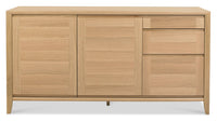 Wooden sideboard with two doors and three drawers on a white background