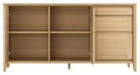 Wooden cabinet with open doors on a white background