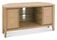 Wooden TV stand with glass shelves on a white background