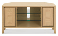 Wooden TV stand with glass shelves on a white background