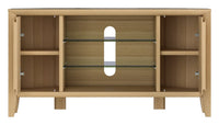 Wooden entertainment console with glass shelves on a white background