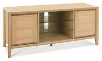 Wooden TV stand with glass shelves on a white background