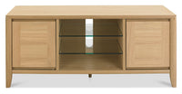 Wooden TV stand with glass shelves on a white background