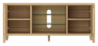 Wooden TV cabinet with glass shelves on a white background