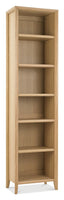 Tall wooden bookshelf with six shelves on a white background