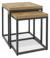 Set of two nesting tables with wooden tops and metal frames on a white background