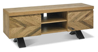 Wooden TV stand with geometric design on a white background