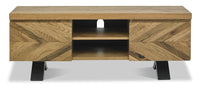Wooden TV stand with herringbone pattern on a white background