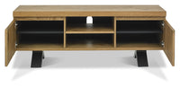 Wooden TV stand with open doors on a white background