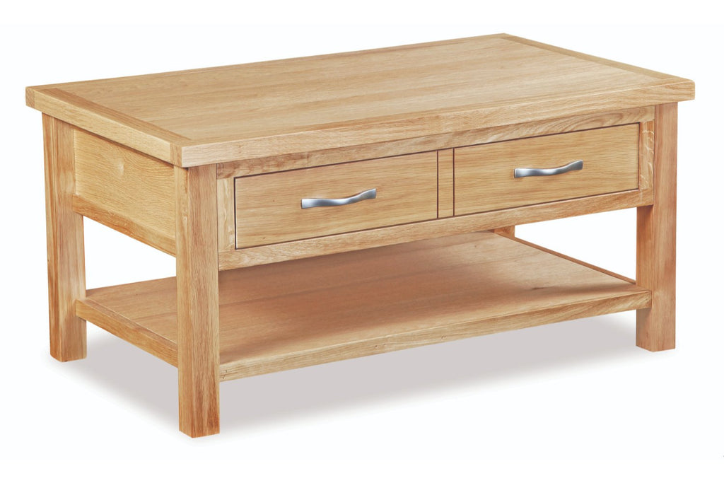 Wooden coffee table with two drawers on a white background