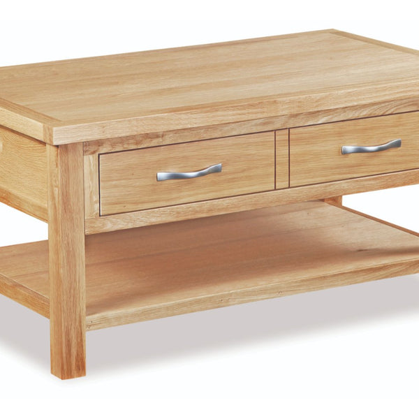 Wooden coffee table with two drawers on a white background