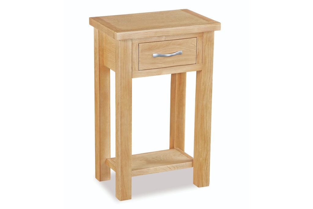 Wooden side table with a drawer on a white background