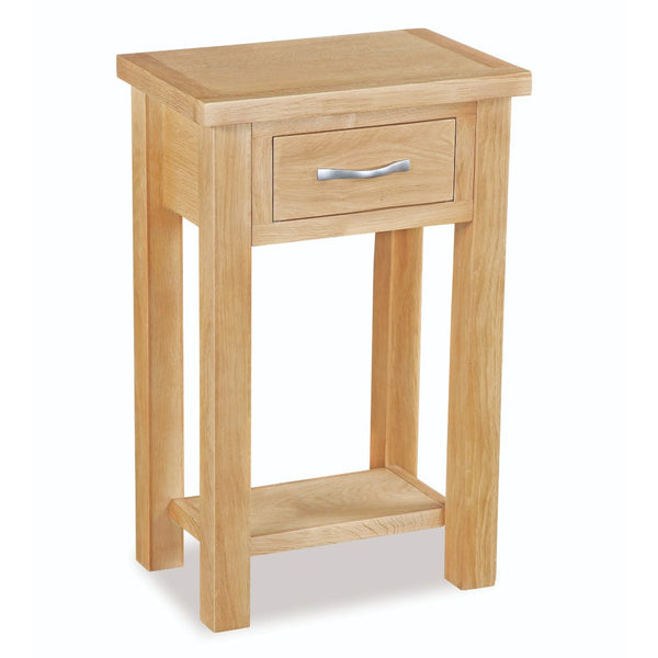 Wooden side table with a drawer on a white background