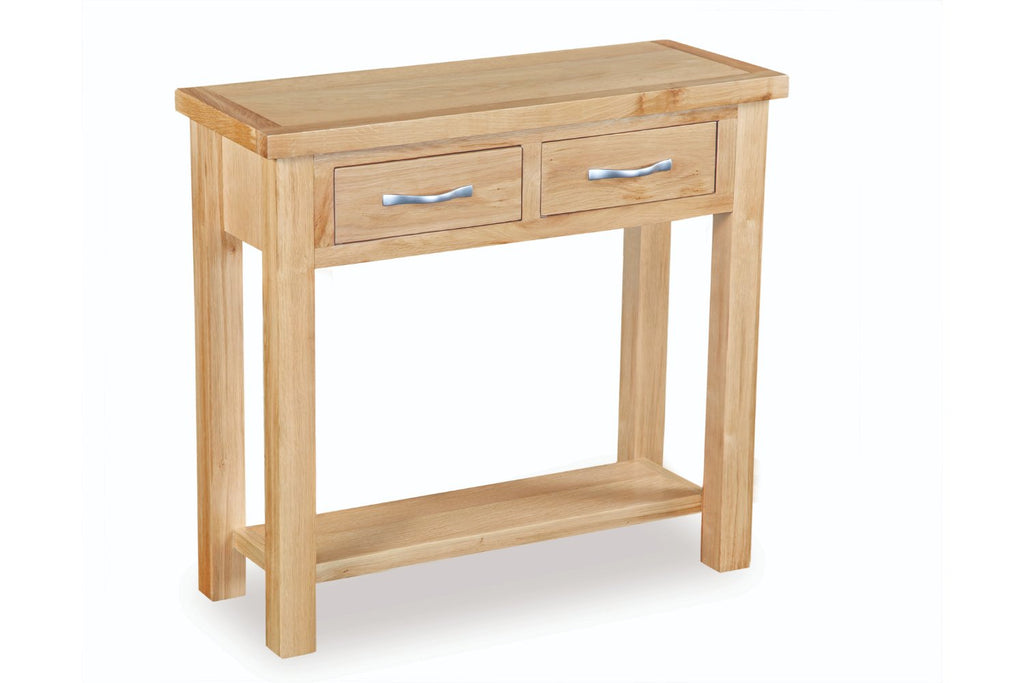 Wooden console table with two drawers on a white background