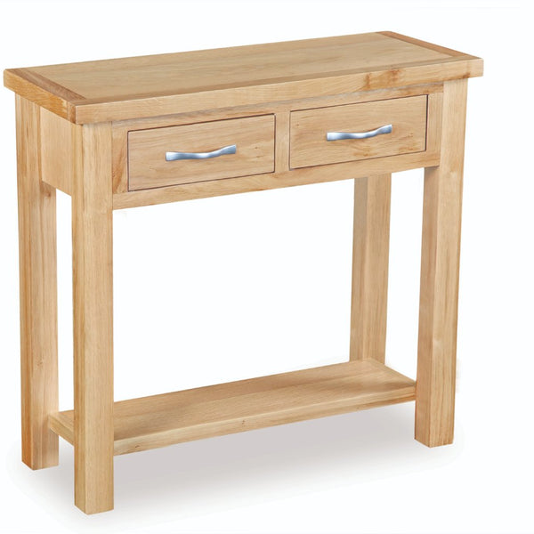 Wooden console table with two drawers on a white background