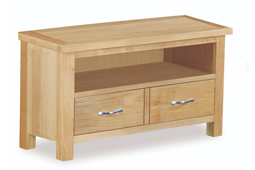 Wooden TV stand with two drawers on a white background