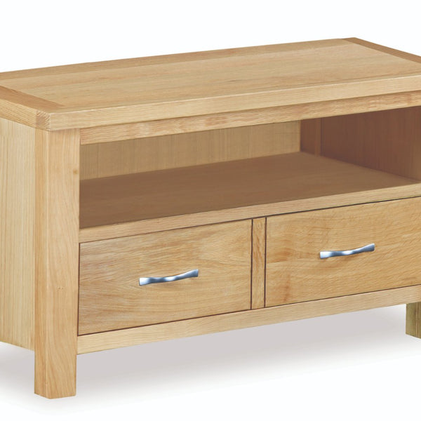 Wooden TV stand with two drawers on a white background