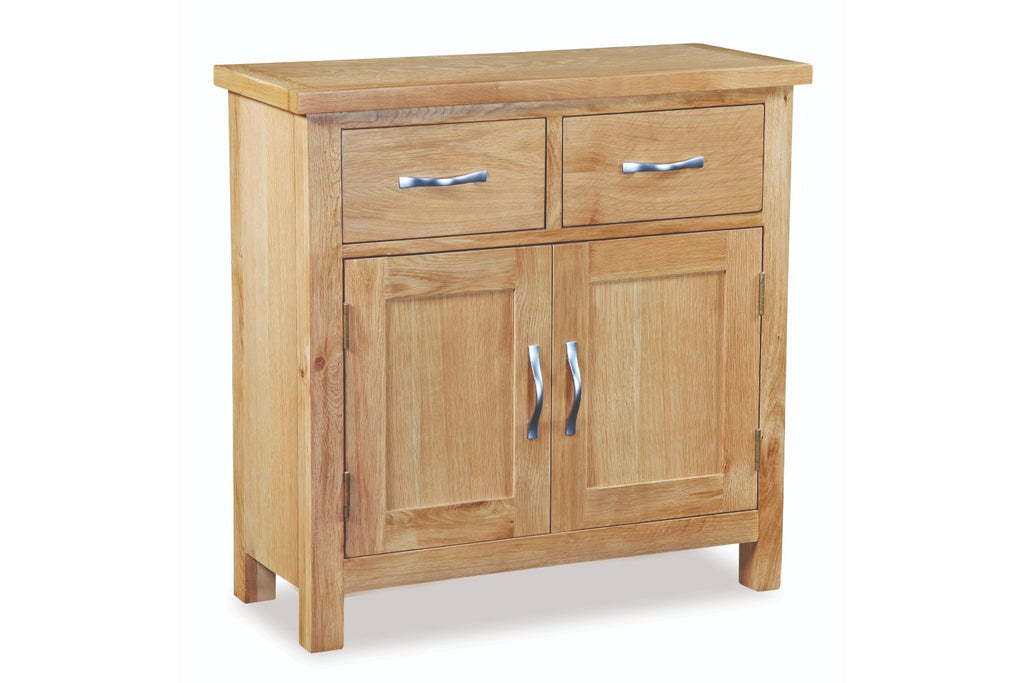 Wooden sideboard with two drawers and two doors on a white background