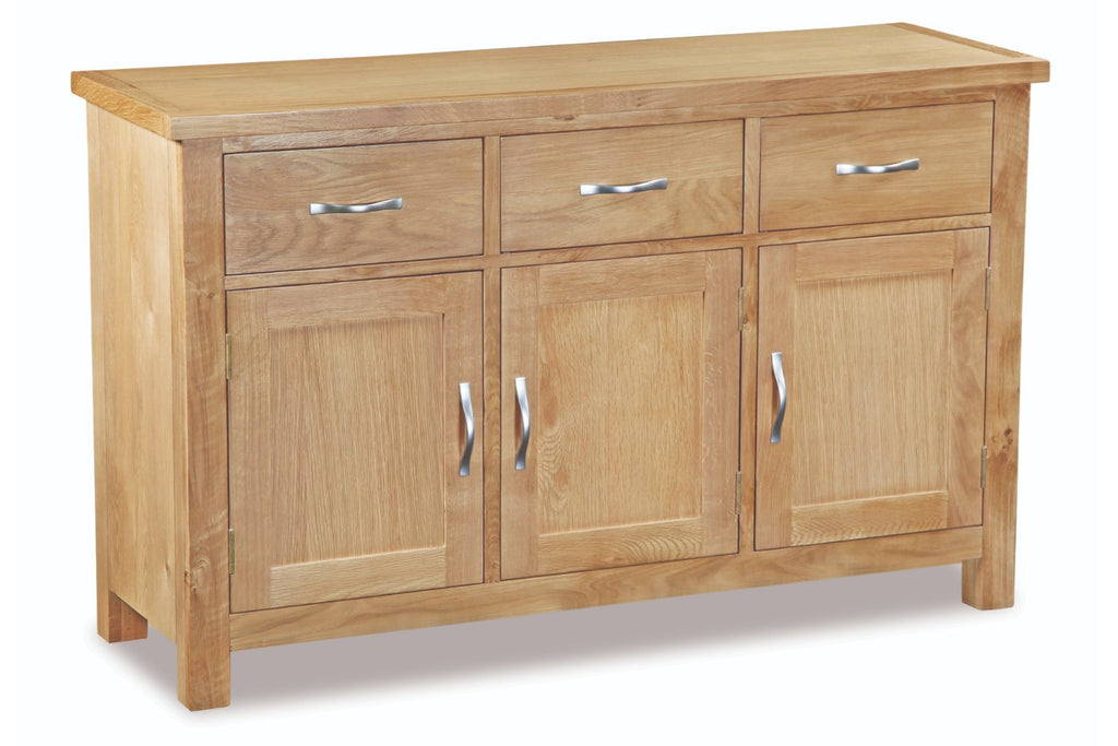 Wooden sideboard with three doors and three drawers on a white background