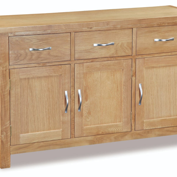 Wooden sideboard with three doors and three drawers on a white background
