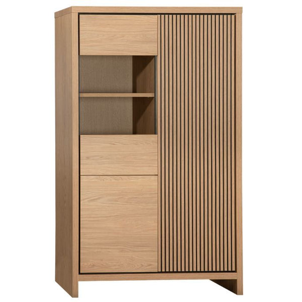 Wooden cabinet with a striped design on a white background