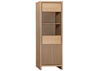 Wooden cabinet with a drawer and slatted door on a white background