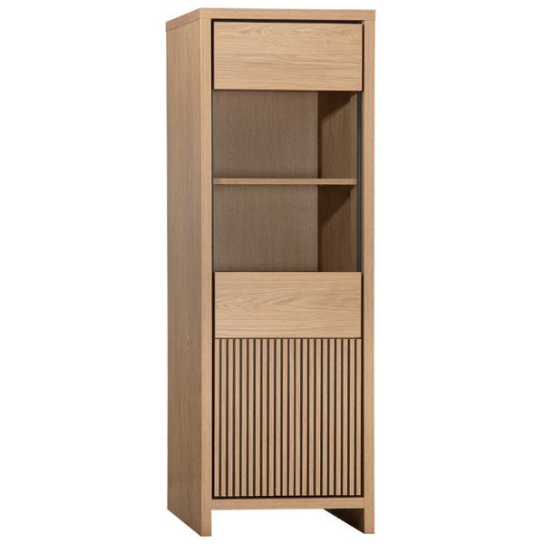Wooden cabinet with a drawer and slatted door on a white background
