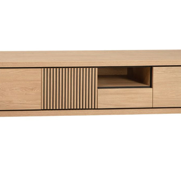 Wooden TV stand with a minimalist design on a white background