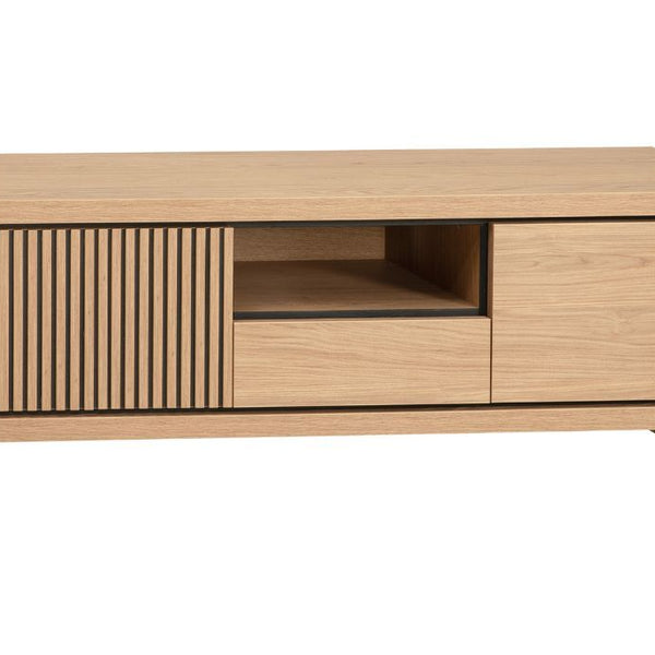 Wooden TV stand with a minimalist design on a white background