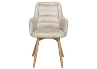 Beige dining chair with wooden legs on a white background