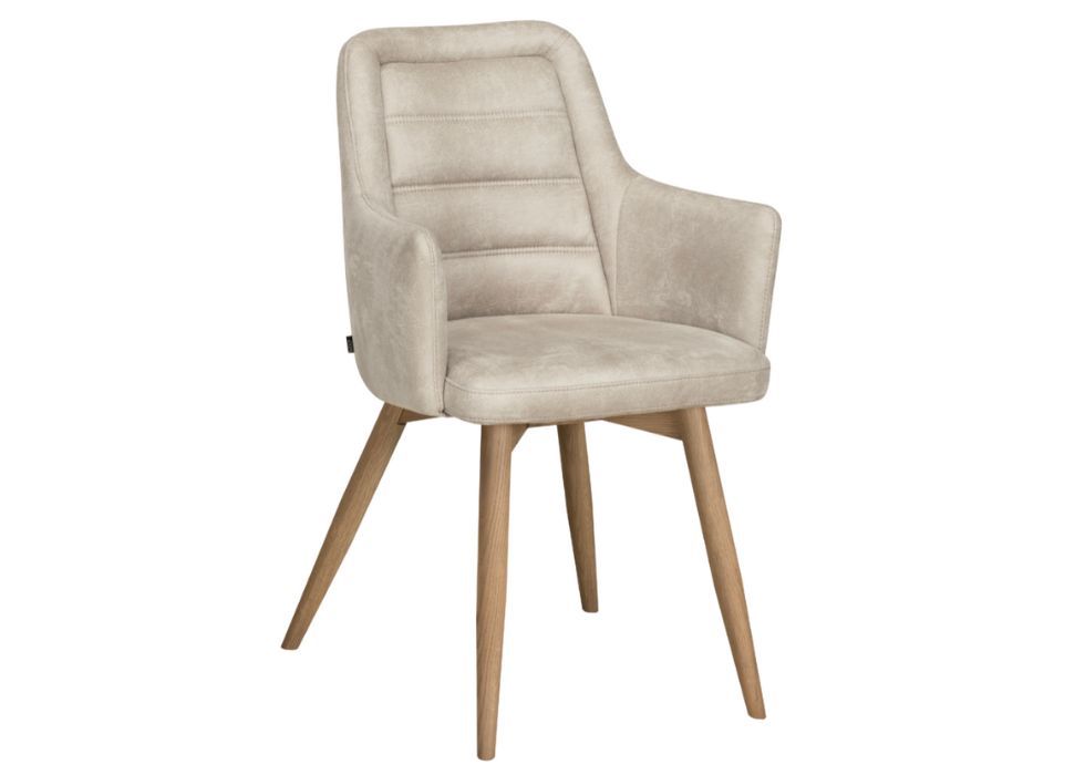 Beige dining chair with wooden legs on a white background