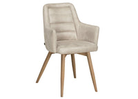 Beige dining chair with wooden legs on a white background