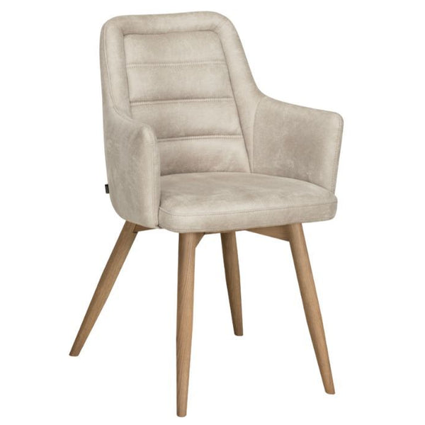 Beige dining chair with wooden legs on a white background