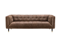 A brown tufted leather sofa with tapered black legs and small gold metal tips, shown against a plain white background.