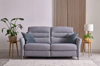 Grey sofa in a living room with plants and a lamp