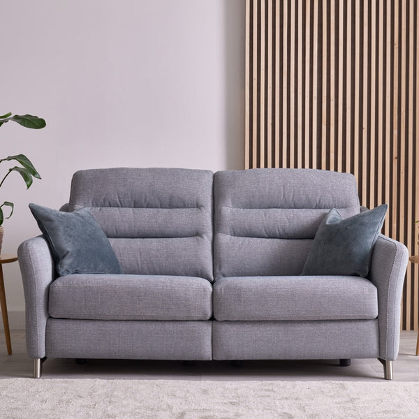 Grey sofa in a living room with plants and a lamp
