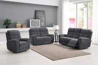 Grey sofa set in a living room with a rug and decor items.