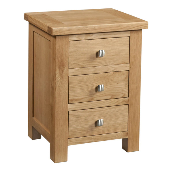 Wooden nightstand with three drawers on a white background