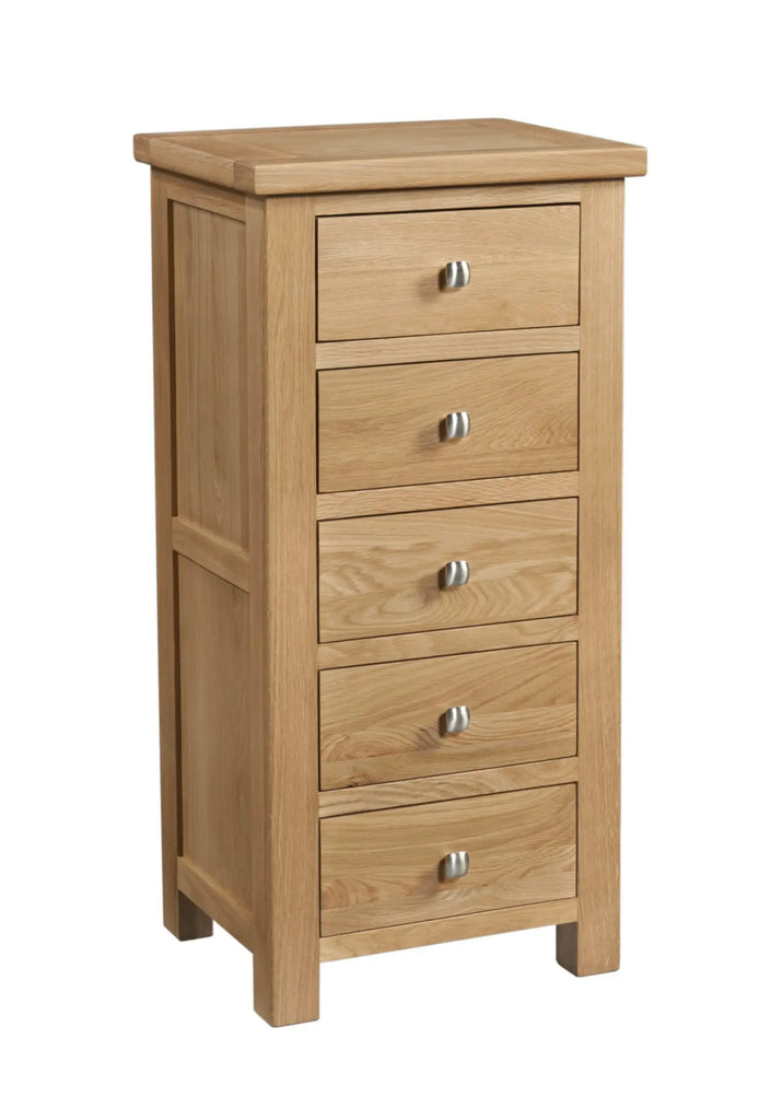 Wooden chest of drawers with five drawers on a white background