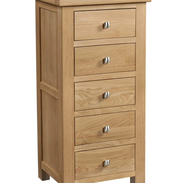 Wooden chest of drawers with five drawers on a white background