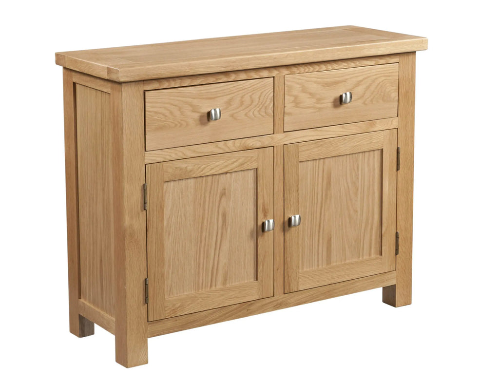 Wooden sideboard with two drawers and two doors on a white background