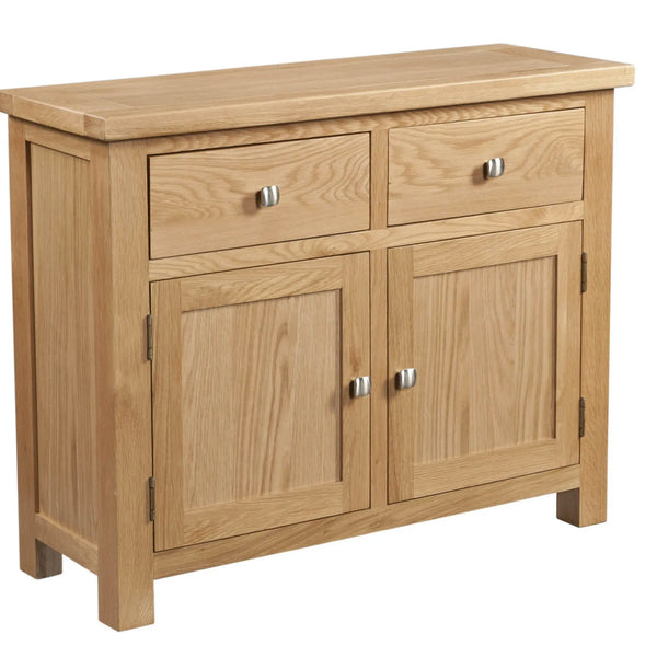 Wooden sideboard with two drawers and two doors on a white background