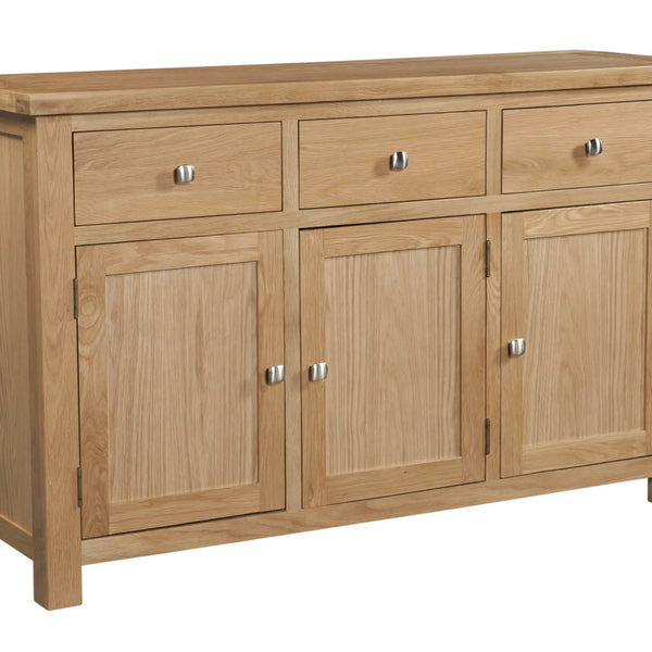 Wooden sideboard with three doors and three drawers on a white background