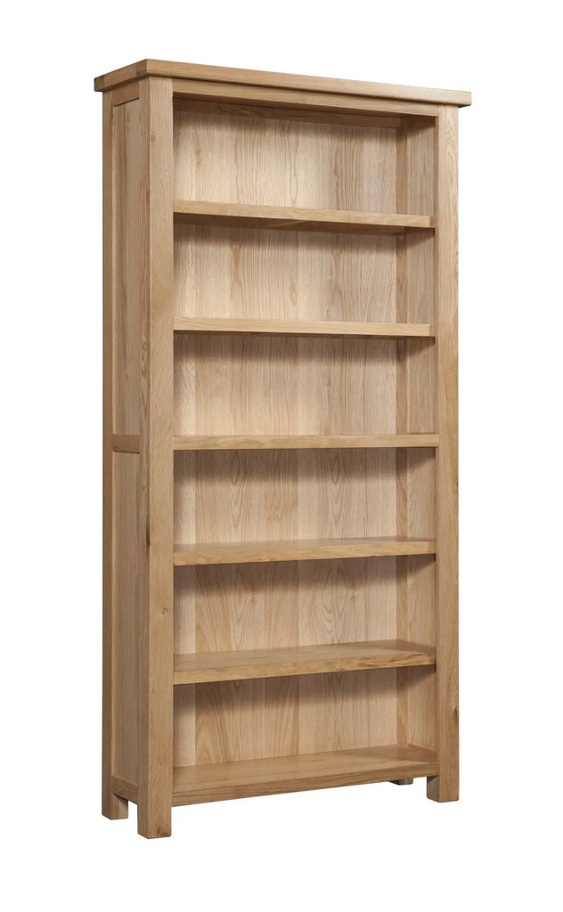 Wooden bookshelf with six shelves on a white background