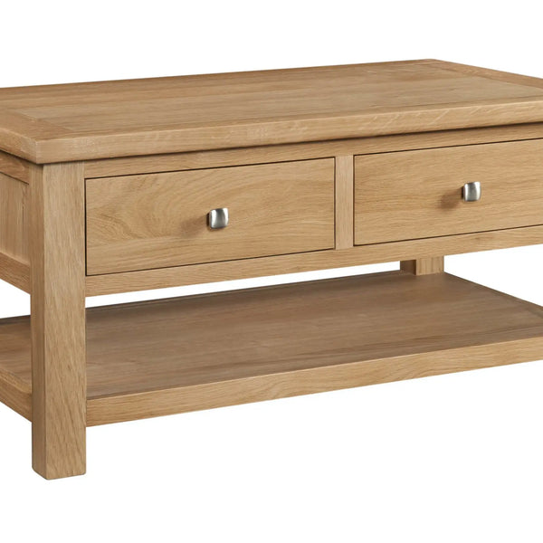 Wooden coffee table with two drawers on a white background