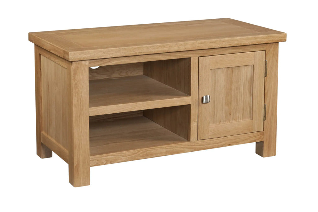 Wooden TV stand with a door and shelves on a white background